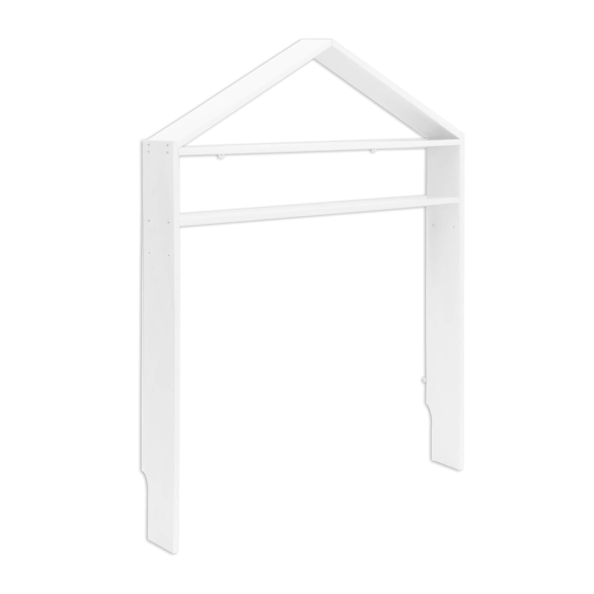 Wooden house shaped shelf for children's room in white on white background and turned to see the side