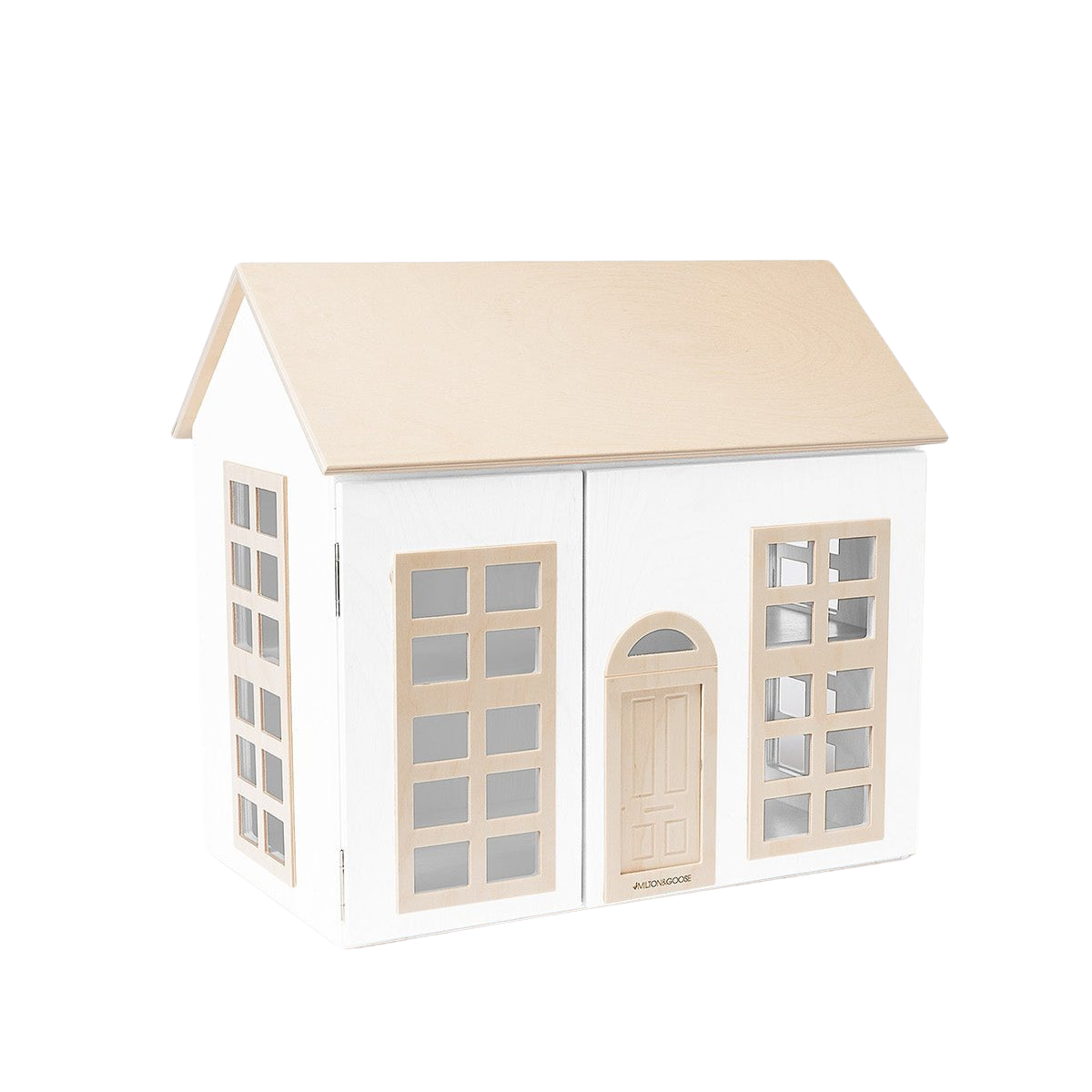 The wooden, white Hudson Dollhouse is shown at an angle, facing right. 