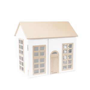 The wooden, white Hudson Dollhouse is shown at an angle, facing right. 