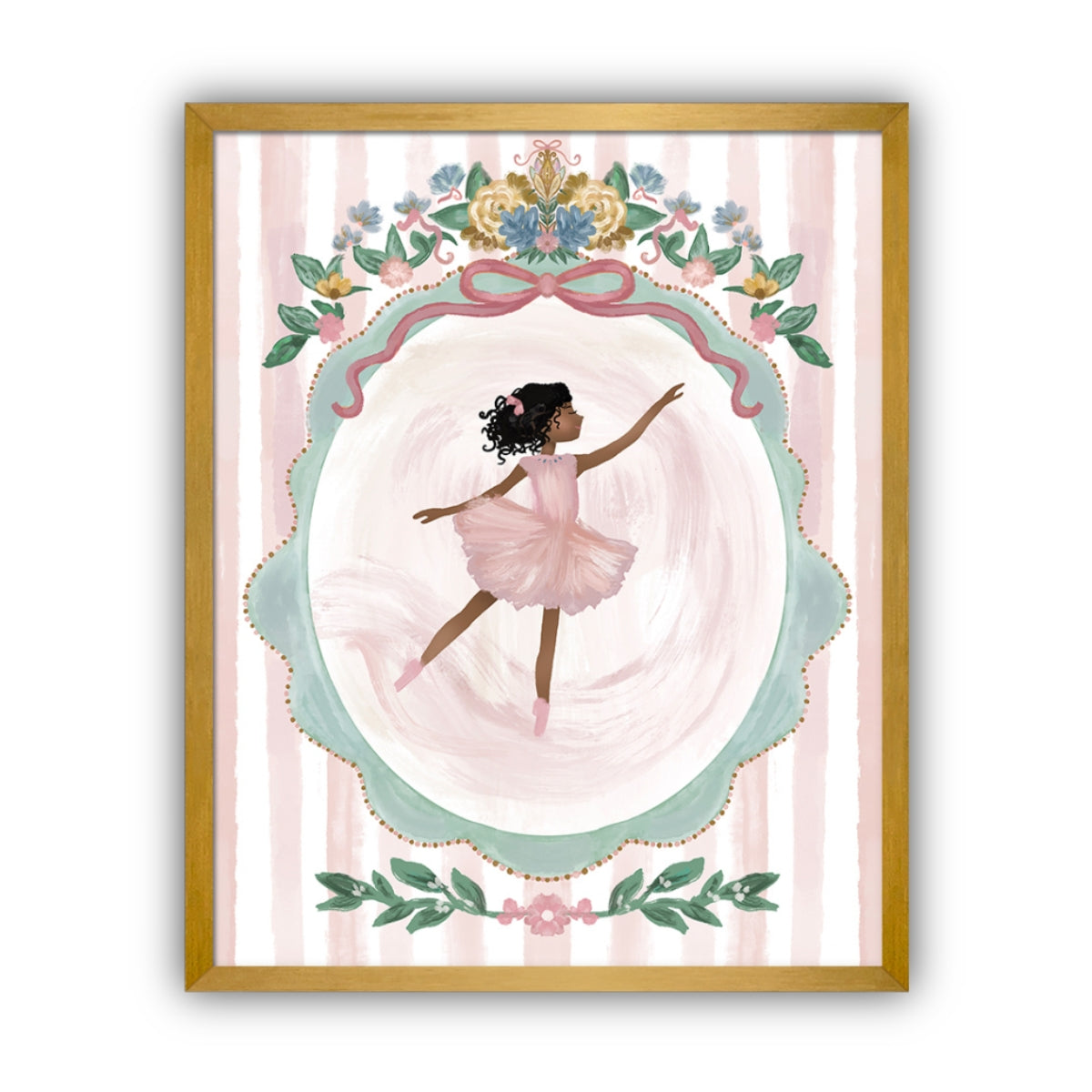 Framed artwork of a ballerina with black hair in a pink dress with floral decorations on a striped background in a gold frame.