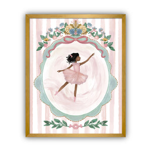 Framed artwork of a ballerina with black hair in a pink dress with floral decorations on a striped background in a gold frame.