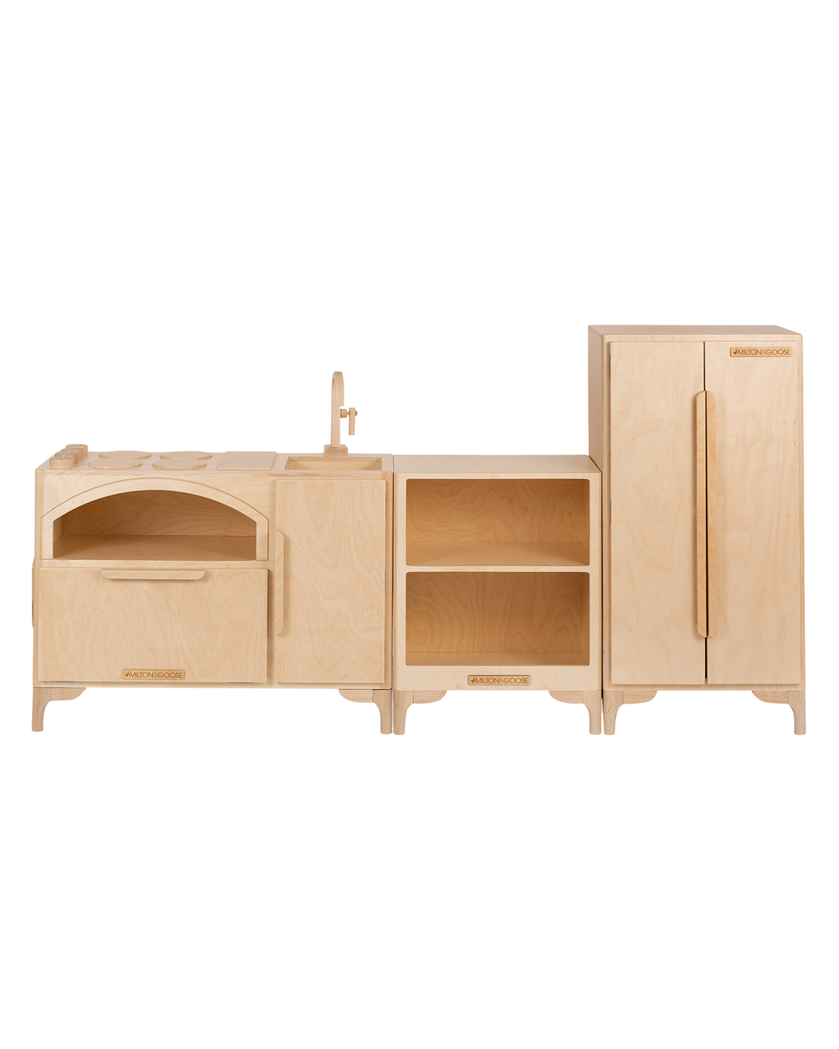 The Milton & Goose Luca collection featuring the Kitchen, Countertop, and Fridge in natural sitting side-by-side.