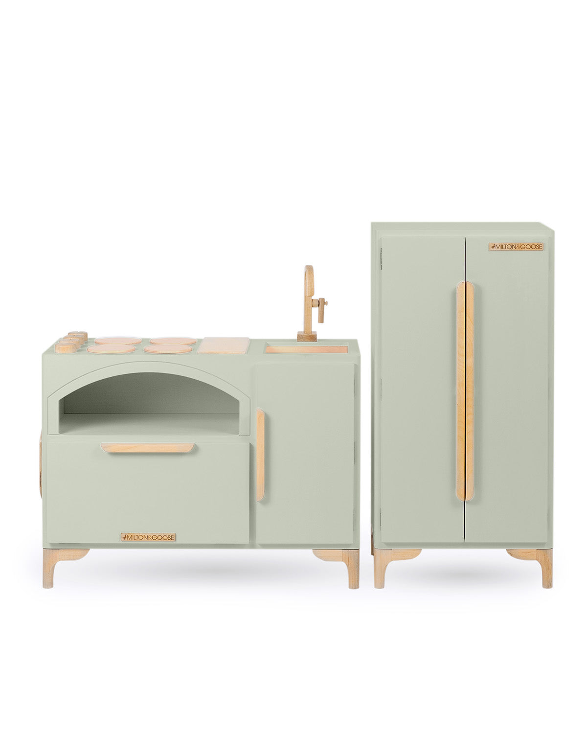 Milton & Goose Luca Play Kitchen collection in light sage. This 2-piece collection includes the Play Kitchen with pizza paddle and play refrigerator.