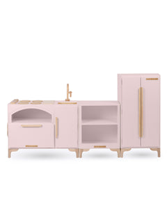 Milton & Goose Luca Play Kitchen collection in dusty rose. Collection includes the Play Kitchen with pizza paddle, Countertop, and play refrigerator.