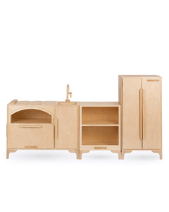 Milton & Goose Luca Play Kitchen collection in natural finish. Collection includes the Play Kitchen with pizza paddle, Countertop, and play refrigerator.