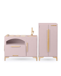 Milton & Goose Luca Play Kitchen collection in dusty rose. This 2-piece collection includes the Play Kitchen with pizza paddle and play refrigerator.
