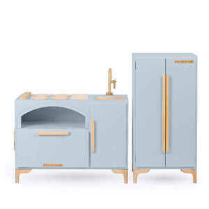 Milton & Goose Luca Play Kitchen collection in gray. This 2-piece collection includes the Play Kitchen with pizza paddle and play refrigerator.