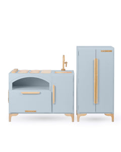 Milton & Goose Luca Play Kitchen collection in gray. This 2-piece collection includes the Play Kitchen with pizza paddle and play refrigerator.