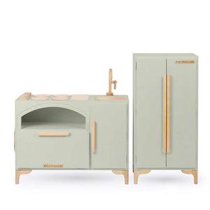 Milton & Goose Luca Play Kitchen collection in light sage. This 2-piece collection includes the Play Kitchen with pizza paddle and play refrigerator.