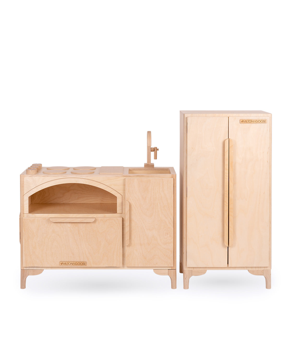 Milton & Goose Luca Play Kitchen collection in a natural finish. This 2-piece collection includes the Play Kitchen with pizza paddle and play refrigerator.