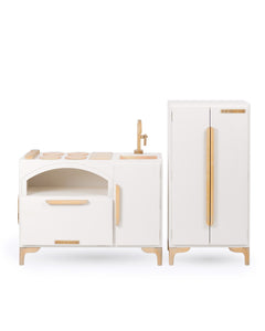 Milton & Goose Luca Play Kitchen collection in white. This 2-piece collection includes the Play Kitchen with pizza paddle and play refrigerator.