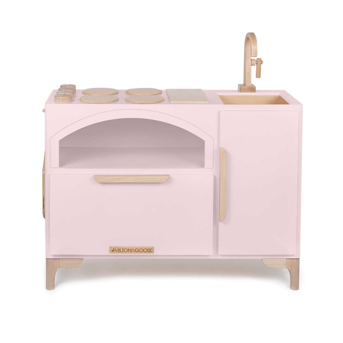 Milton & Goose's Luca Wood Play Kitchen in dusty rose featuring a pizza oven and coordinating pizza paddle,.