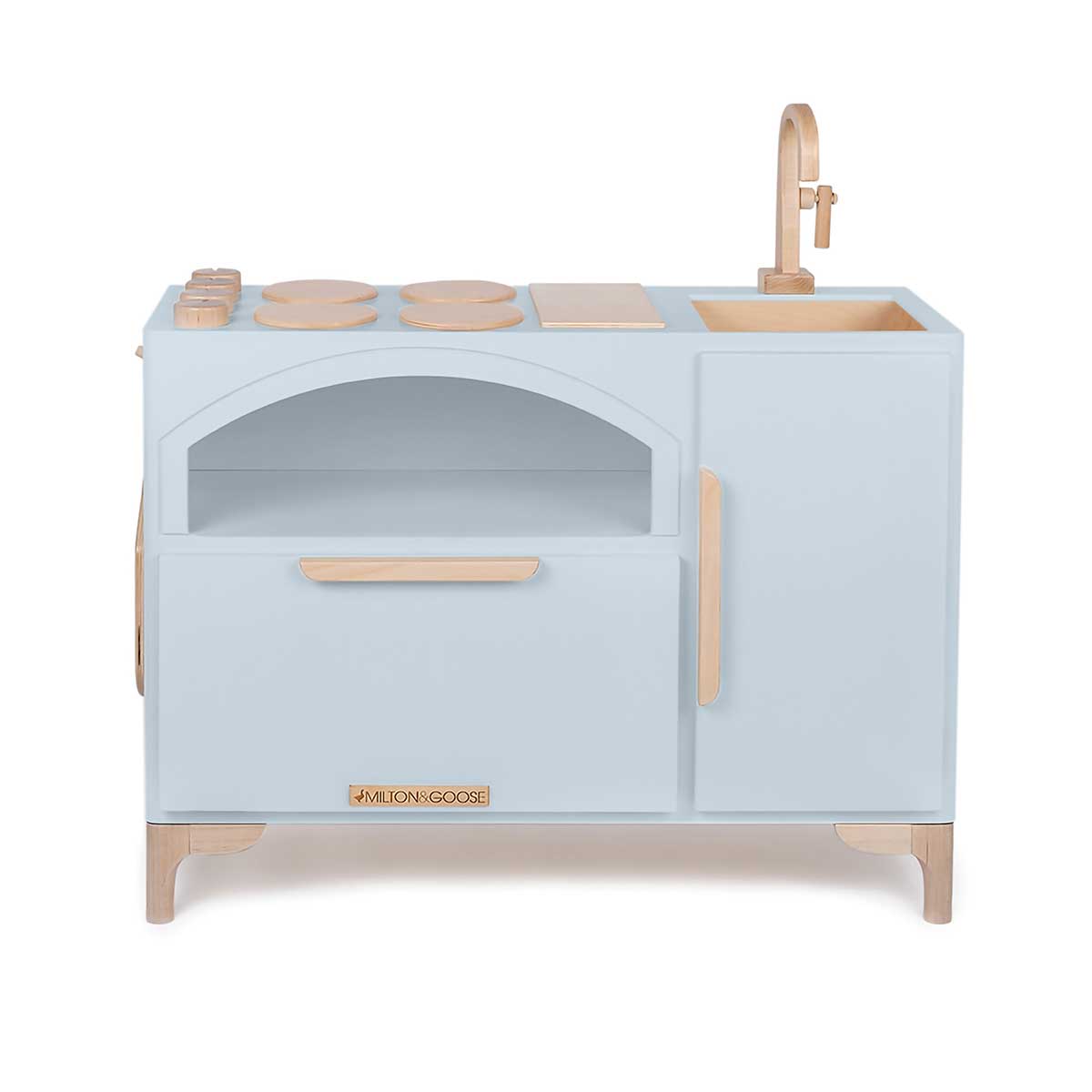 Milton & Goose's Luca Wood Play Kitchen in gray featuring a pizza oven and coordinating pizza paddle,.