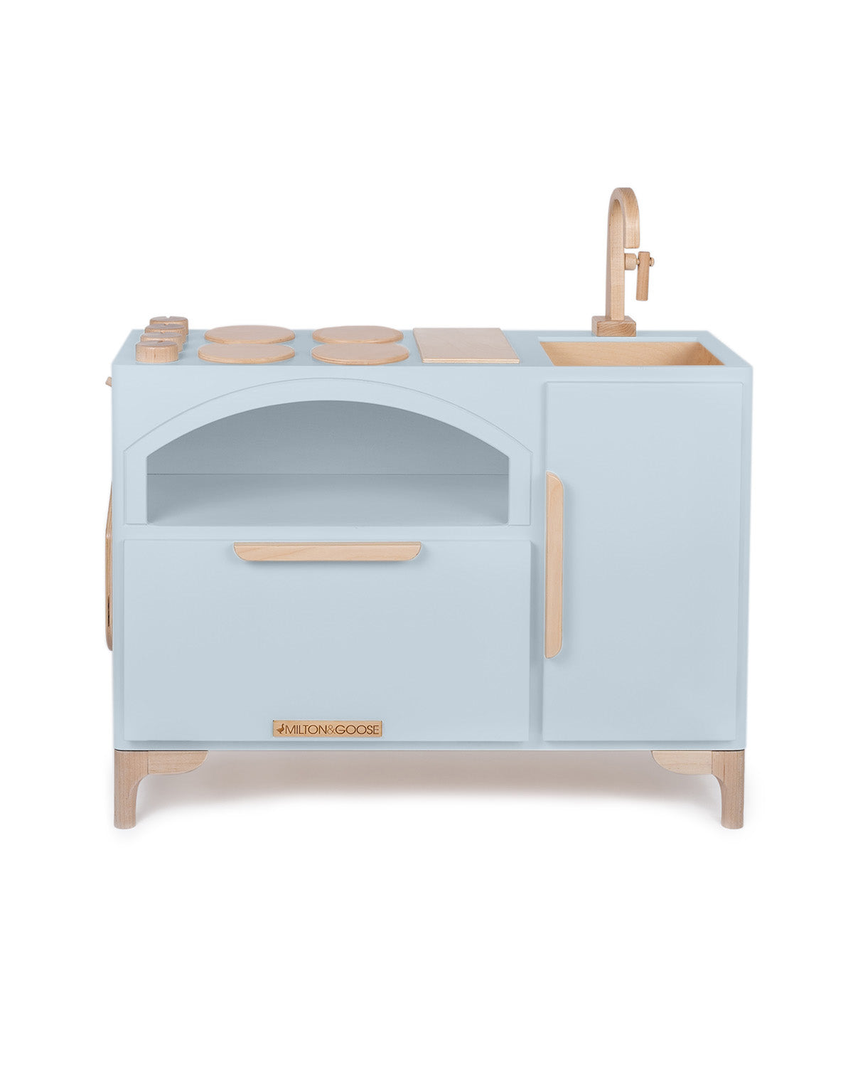 Milton & Goose's Luca Play Kitchen in gray featuring a pizza oven and coordinating pizza paddle,.