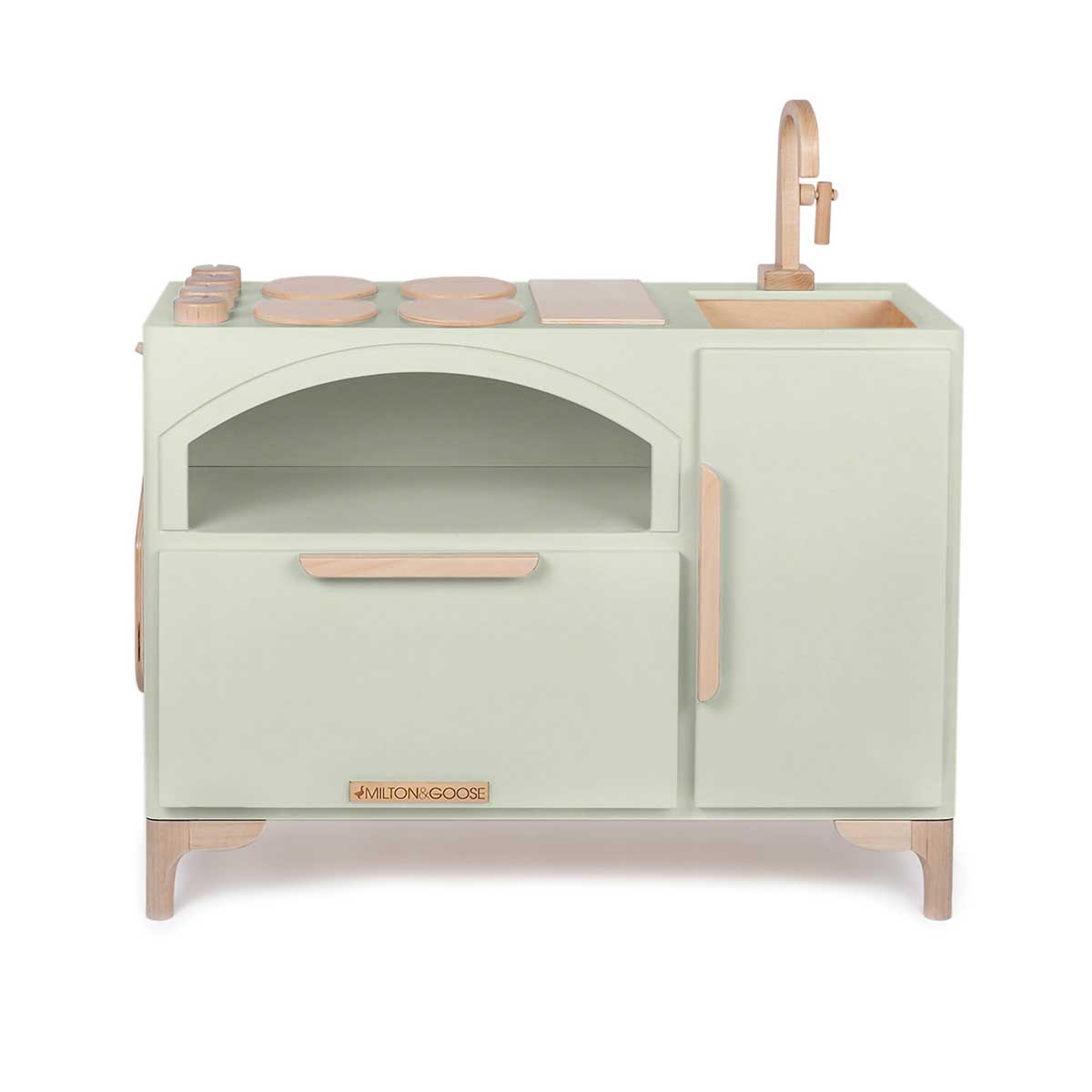 Milton & Goose's Luca Wood Play Kitchen in light sage featuring a pizza oven and coordinating pizza paddle,.