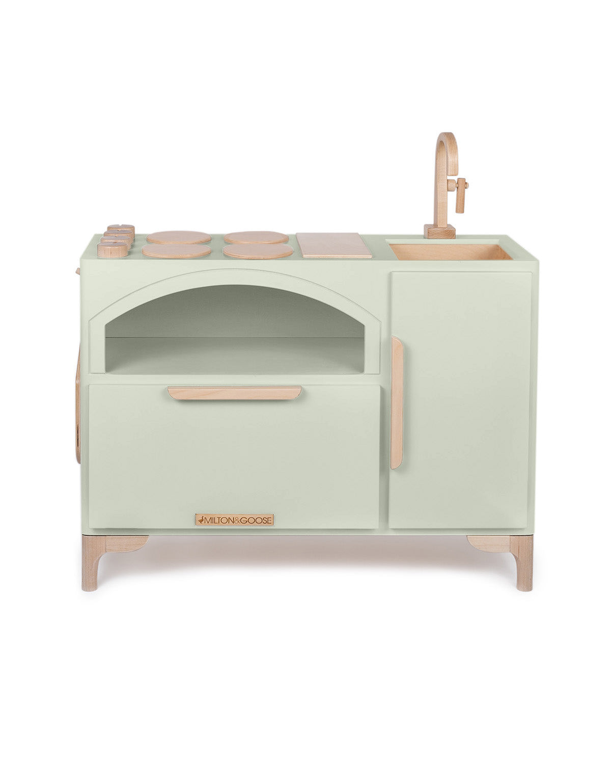 Milton & Goose's Luca Play Kitchen in light sage, a green/gray color. Featuring a pizza oven and coordinating pizza paddle.