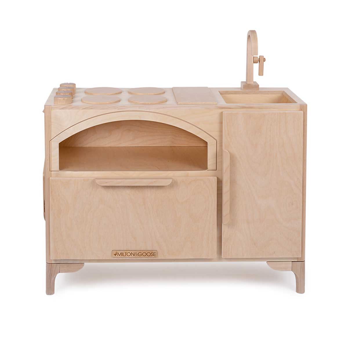 Milton & Goose's Luca Wood Play Kitchen in natural featuring a pizza oven and coordinating pizza paddle,.