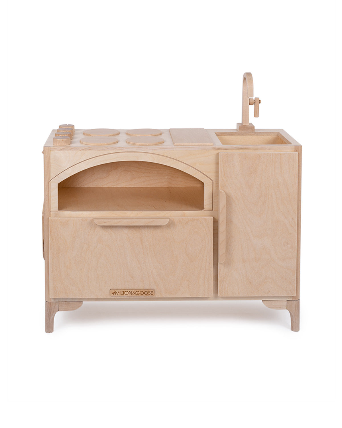 Milton & Goose's Luca Play Kitchen with a clear coat to show natural wood grain. Featuring a pizza oven and coordinating pizza paddle,.