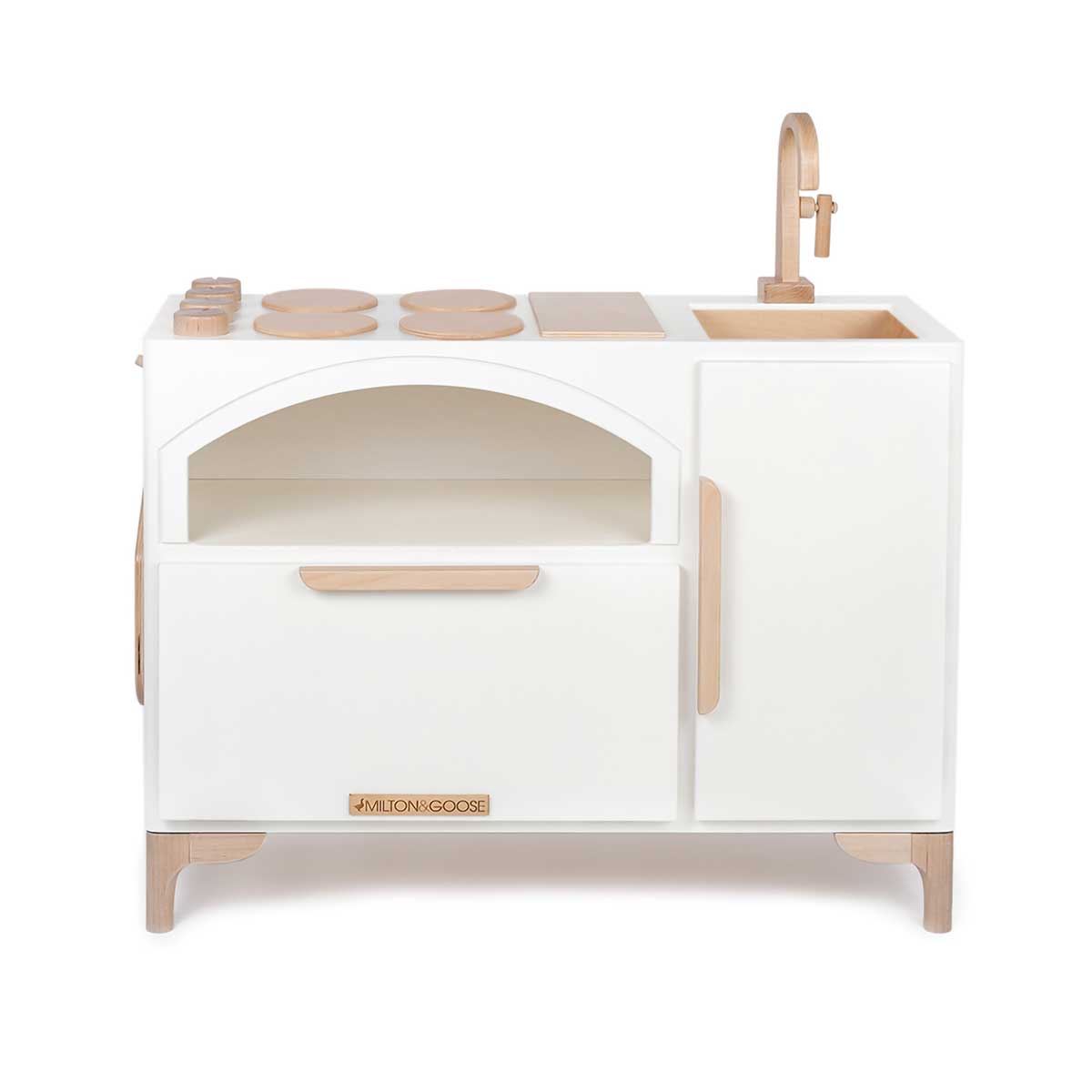 Milton & Goose's Luca Wood Play Kitchen in white featuring a pizza oven and coordinating pizza paddle. 