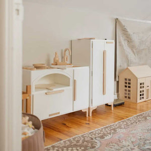 Milton & Goose's Luca collection featuring the wood pizza kitchen and matching refrigerator in white.