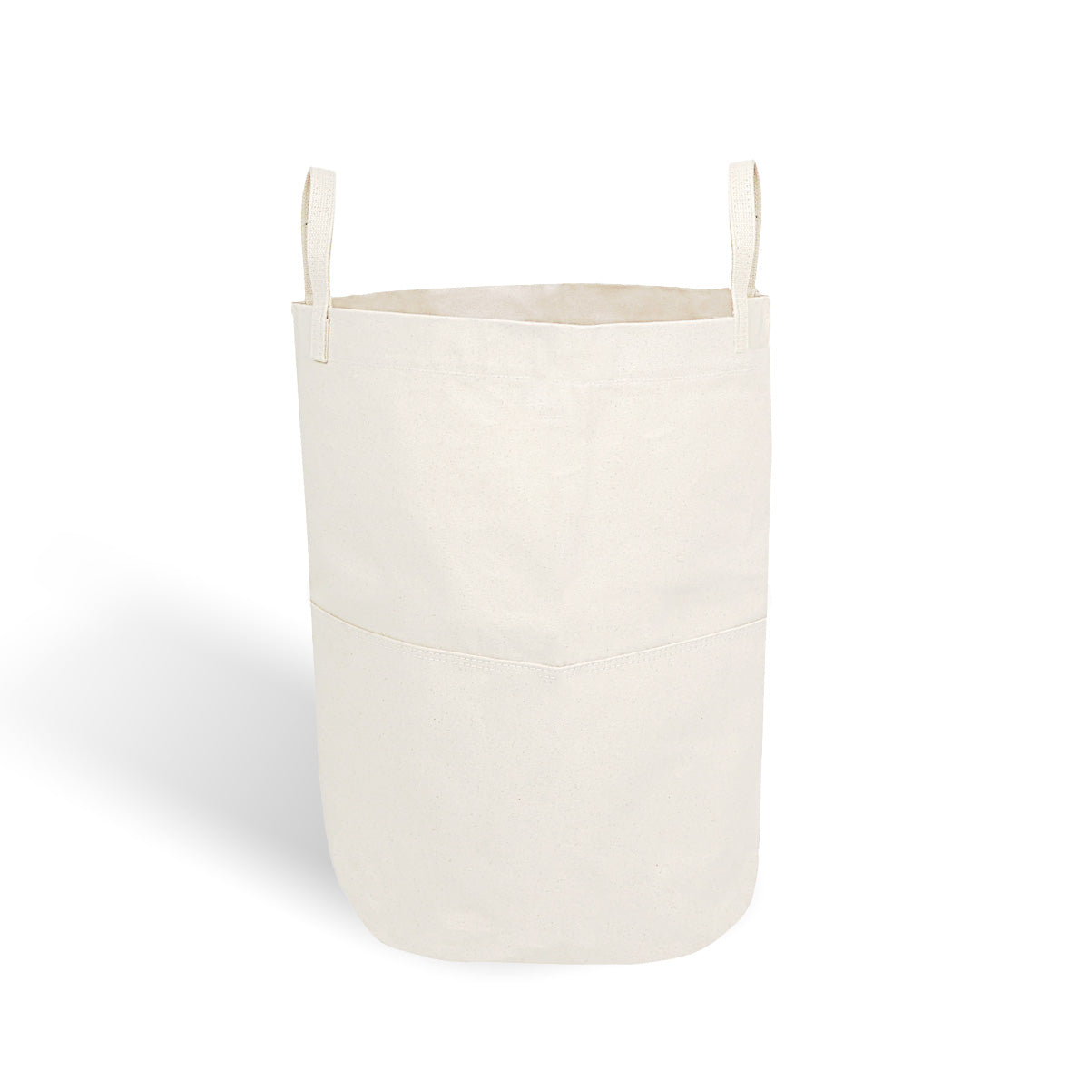 The back of a tall canvas storage bin on a white background