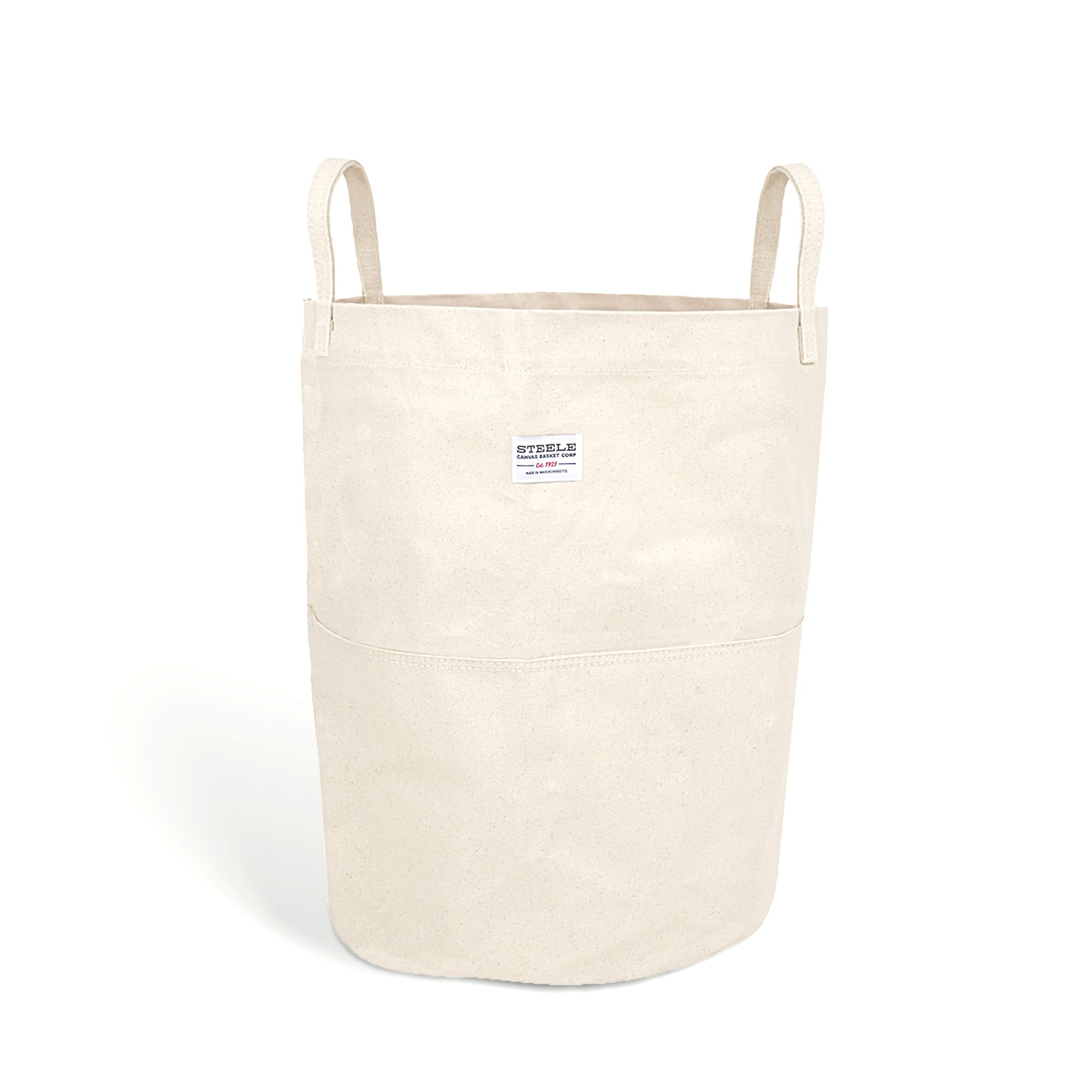 Tall canvas storage bin with handles on a white background