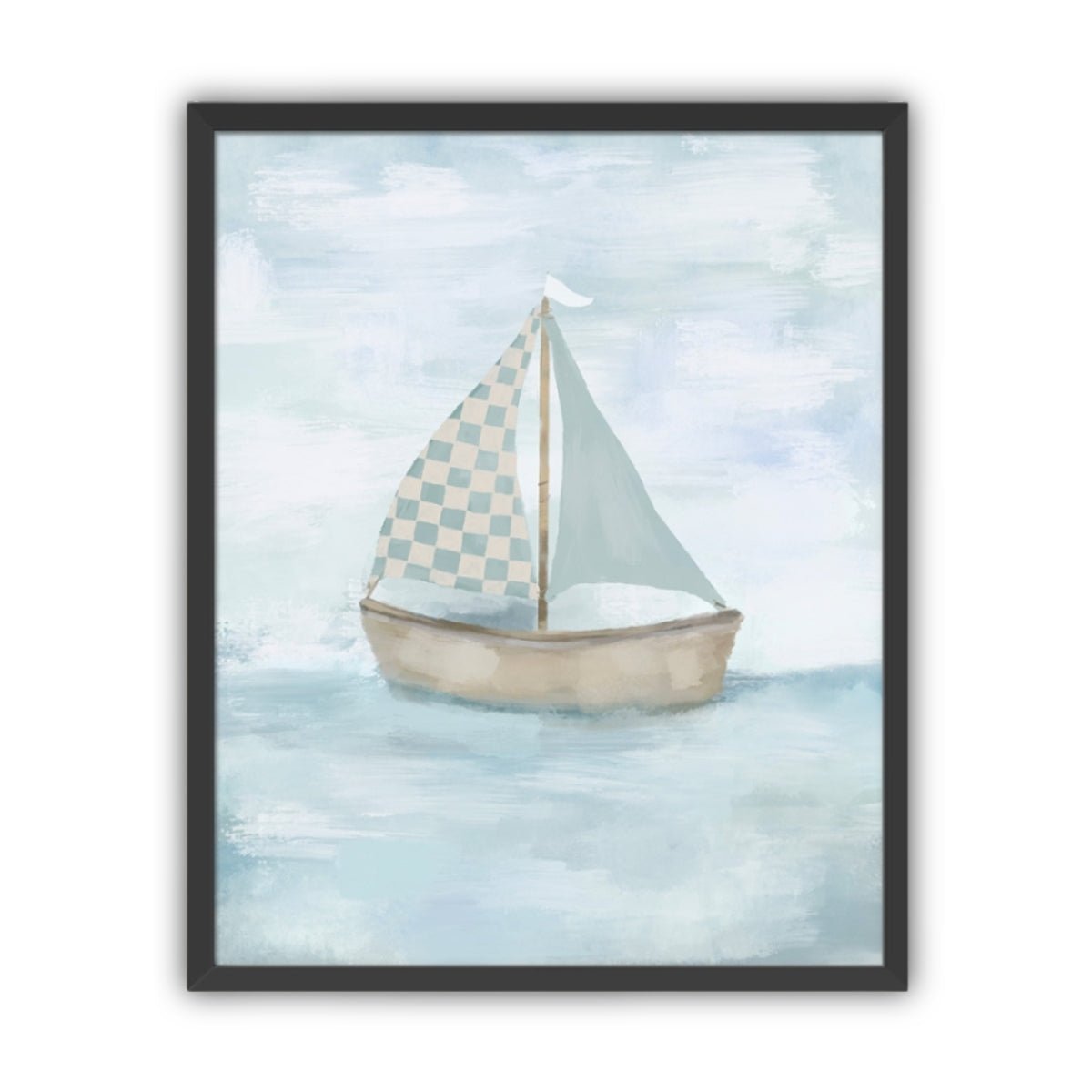 Framed artwork of a sailboat with checkered sail on a blue water background in black frame