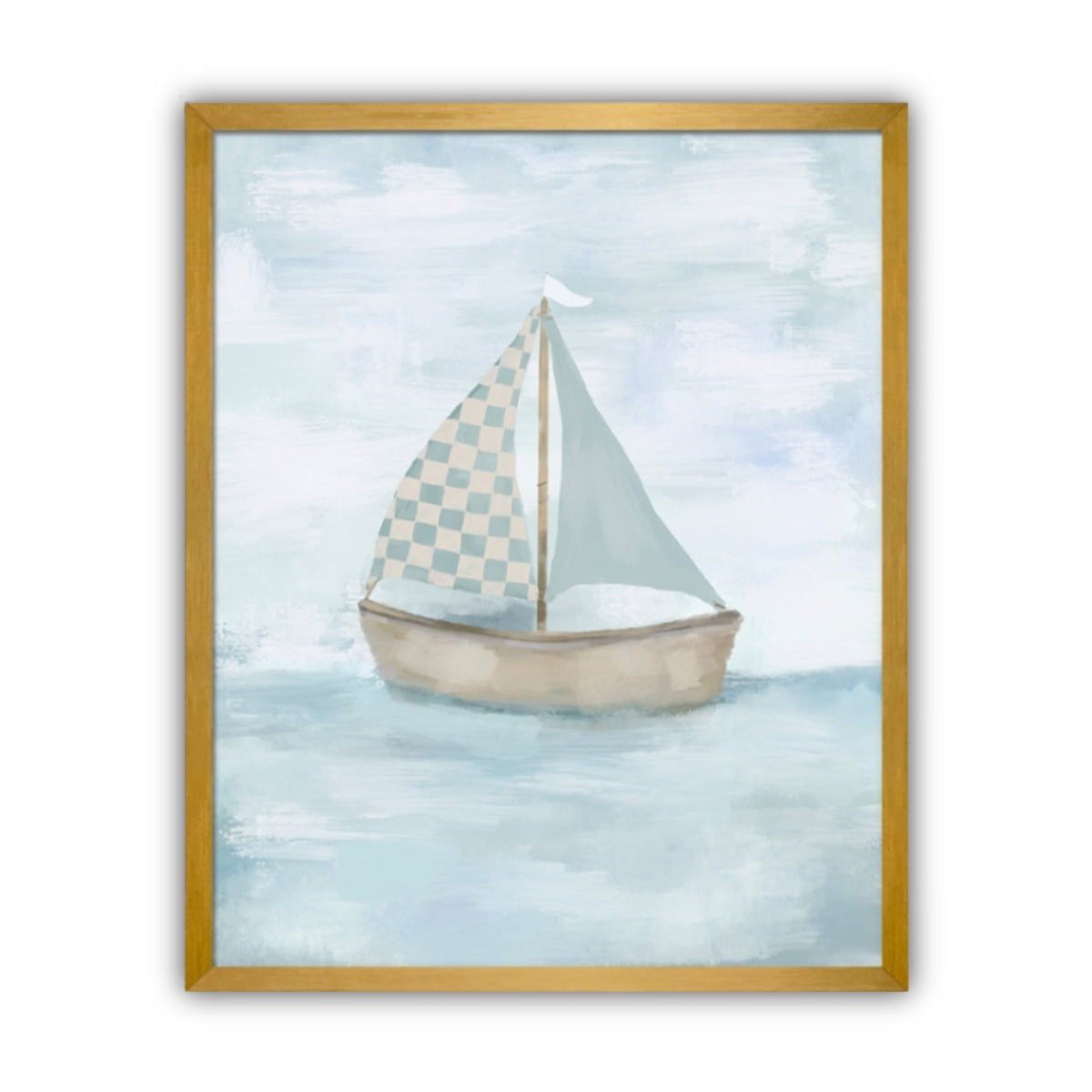 Framed artwork of a sailboat with checkered sail on a blue water background in gold frame
