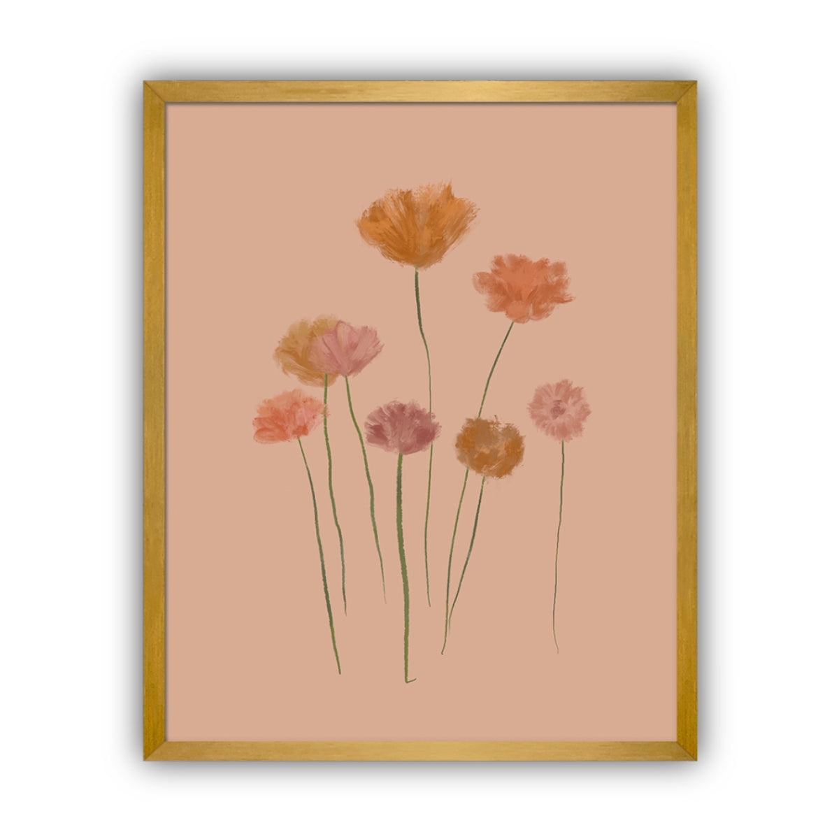 Framed artwork of stylized flowers in gold and pink tones on a beige background, framed in gold.