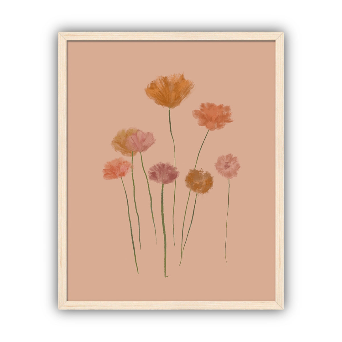 Framed artwork of stylized flowers in gold and pink tones on a beige background, framed in maple.