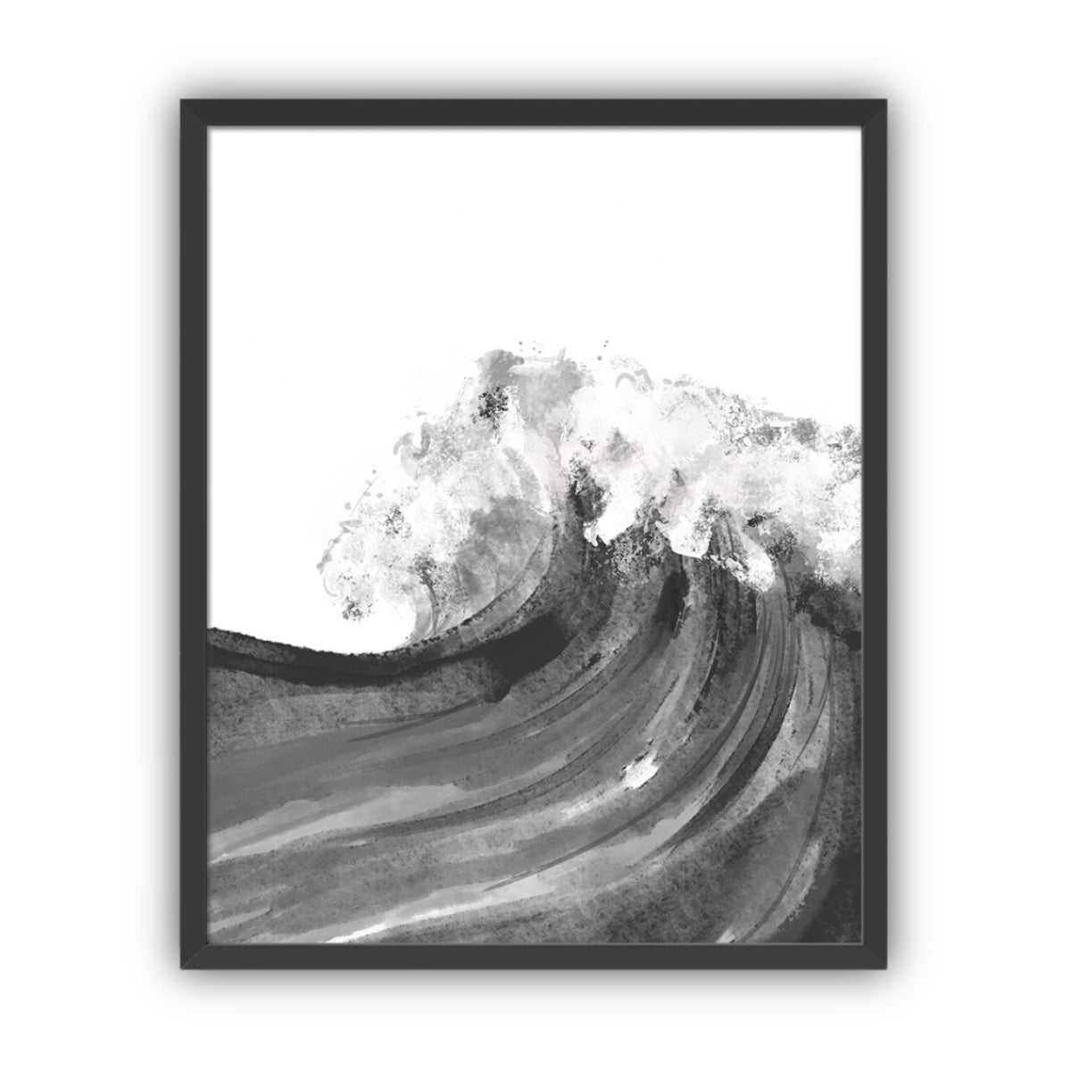 Framed artwork of a black and white wave with a black frame on a white background
