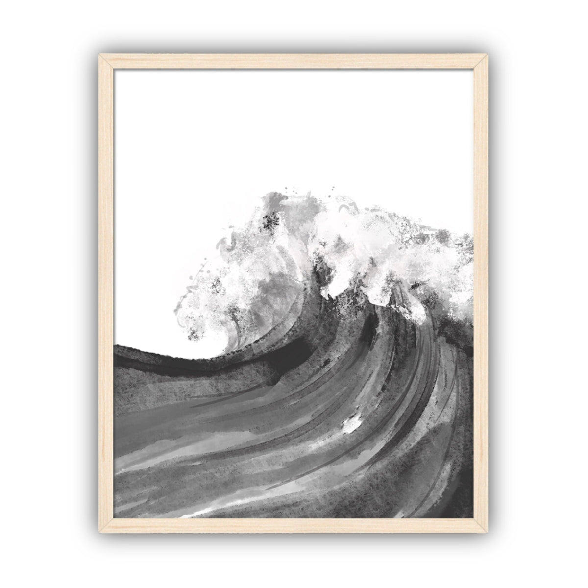Framed artwork of a black and white wave with a maple frame on a white background