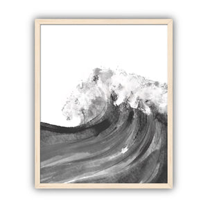 Framed artwork of a black and white wave with a maple frame on a white background