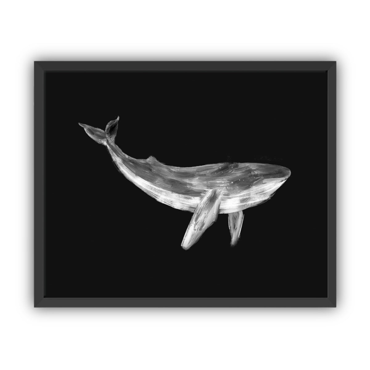Framed artwork of a whale on a black background in a black frame.