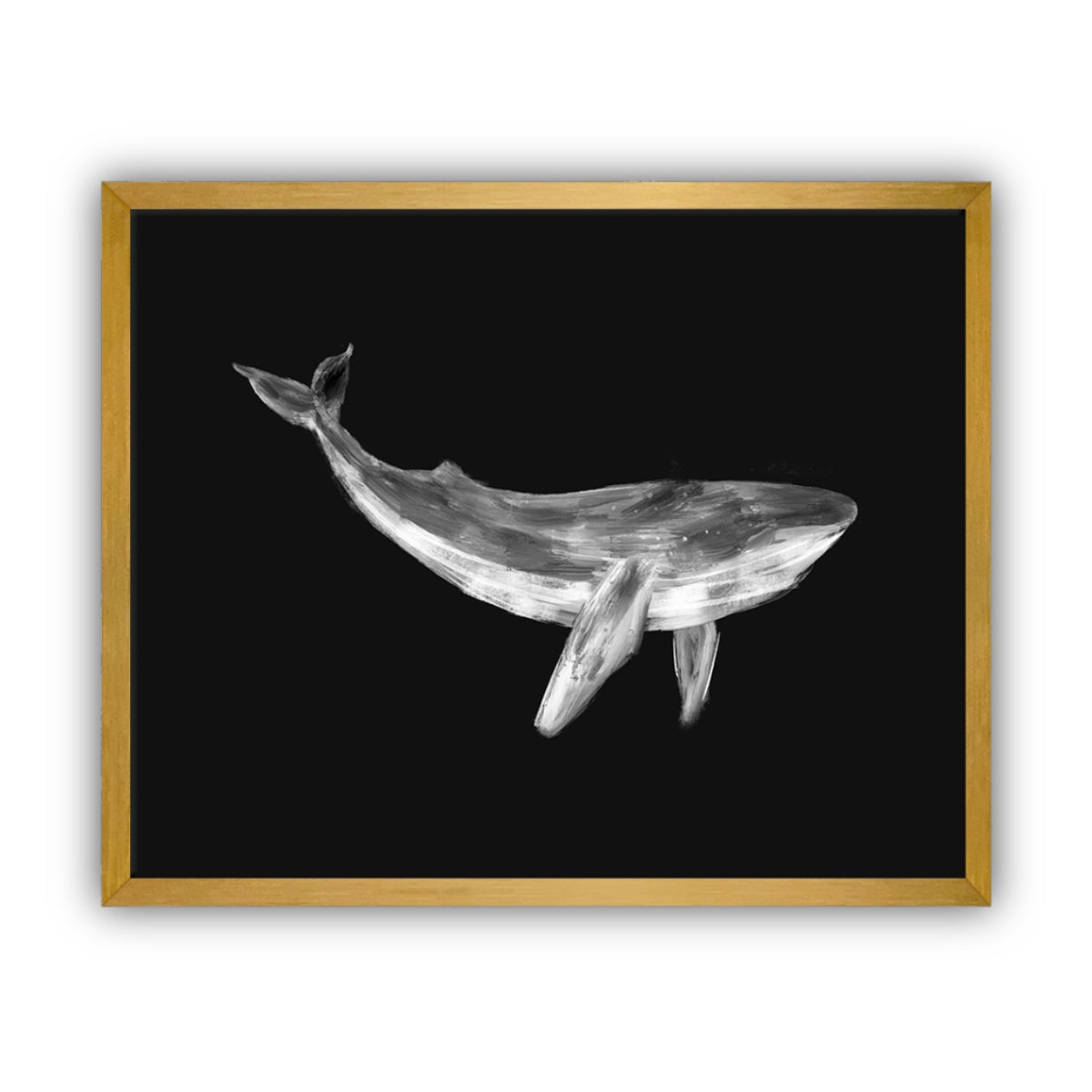 Framed artwork of a whale on a black background in a gold frame.