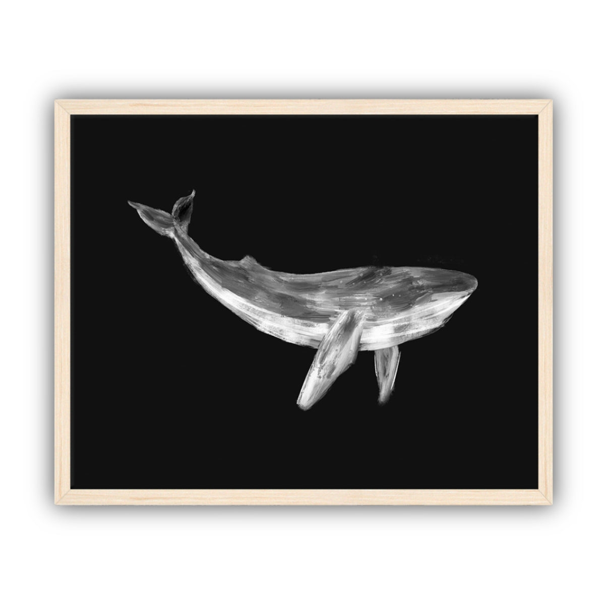 Framed artwork of a whale on a black background in a maple frame.