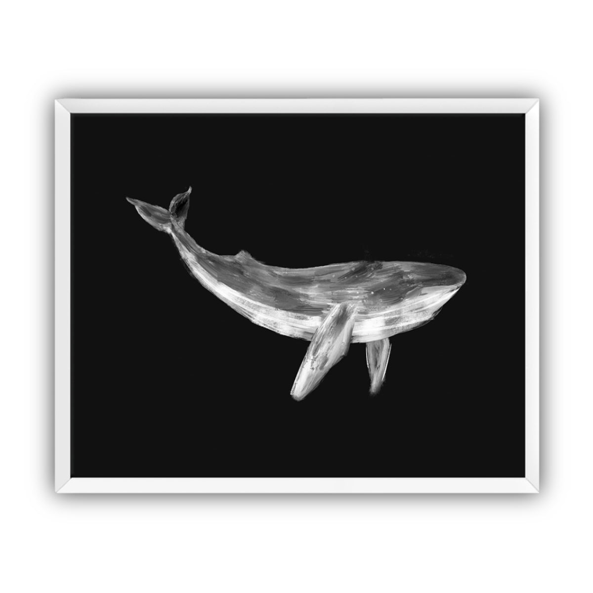 Framed artwork of a whale on a black background in a white frame.