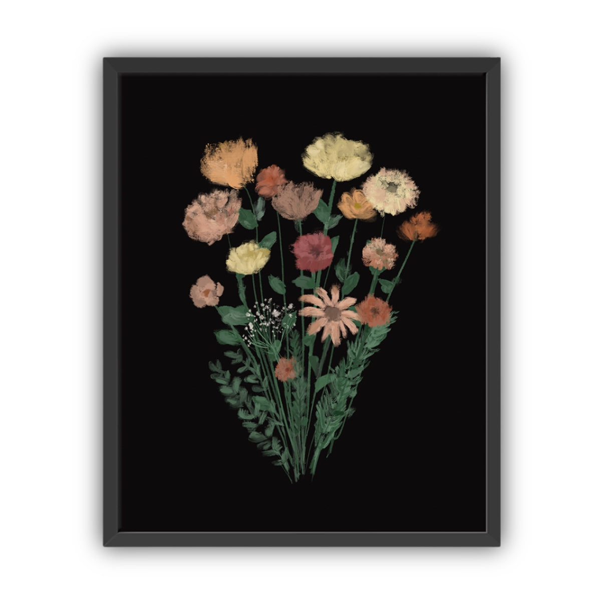 Framed artwork of a bouquet of flowers on a black background in a black frame.