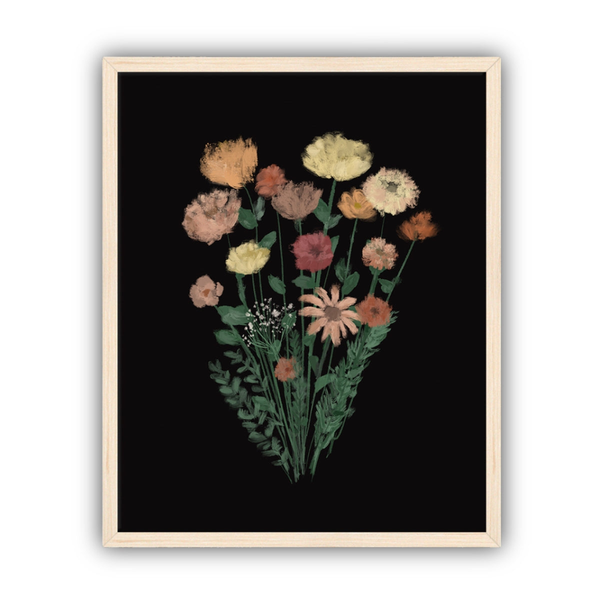 Framed artwork of a bouquet of flowers on a black background in a maple frame.