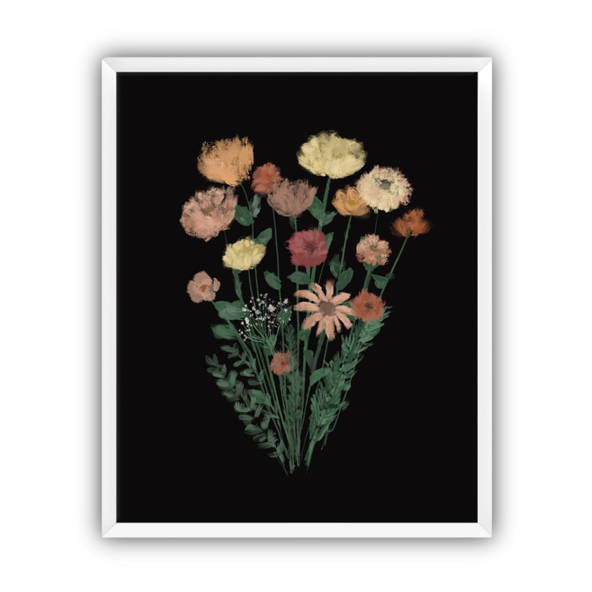 Framed artwork of a bouquet of flowers on a black background in a white frame.
