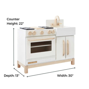 The Milton & Goose play kitchen with the dimensions displayed on the image: Counter height 22 inches, depth 13 inches, and width 30 inches.