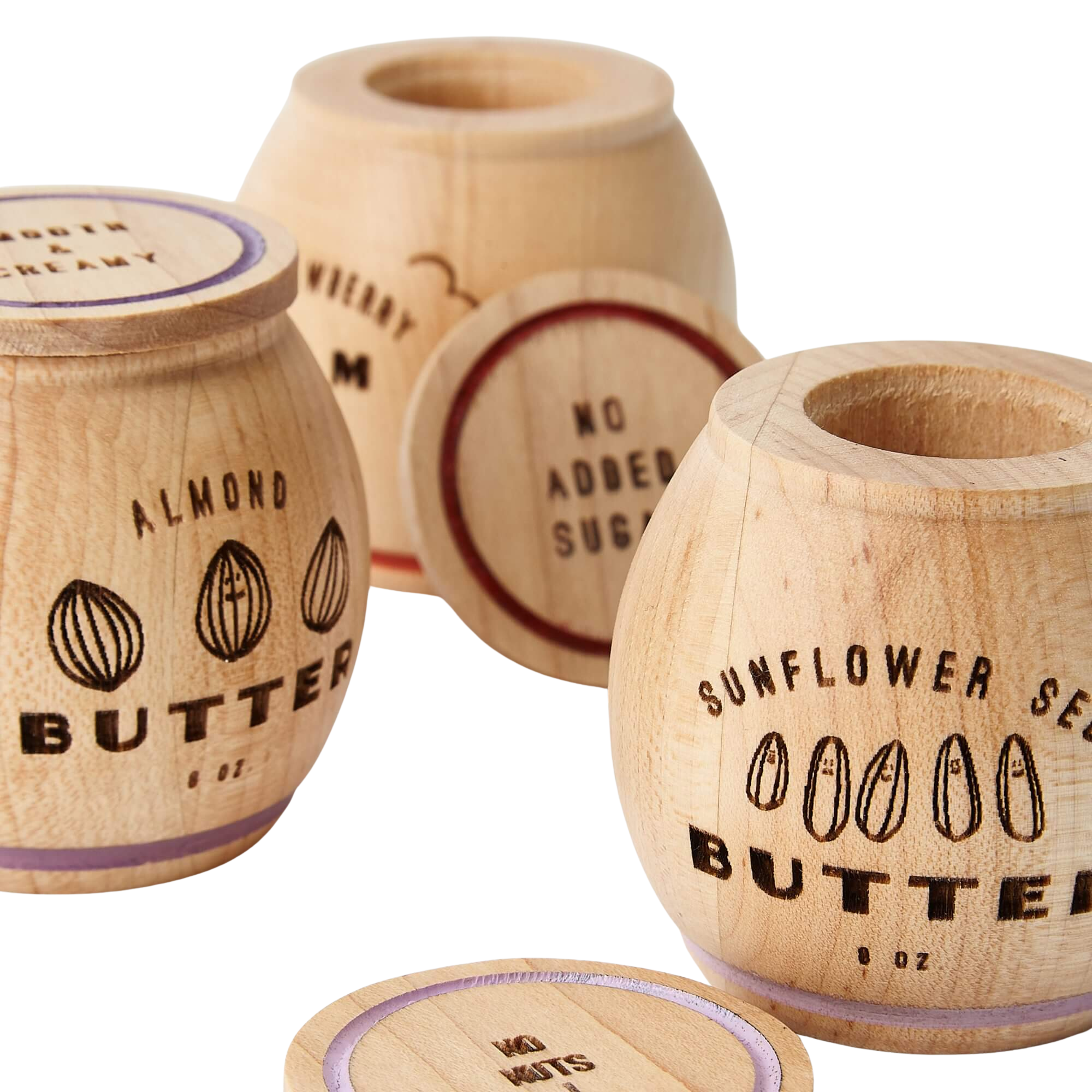 A close up look at the Milton & Goose AB&J wood play food set. 