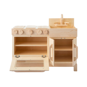 Milton & Goose Essential Play kitchen with a natural finish. The oven door and cabinet doors are open so you can peak inside. This wooden play kitchen is made with Baltic Birch Plywood and North American Maple wood.