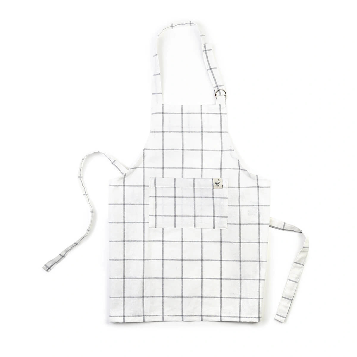 A child's apron in a gray window pane print.