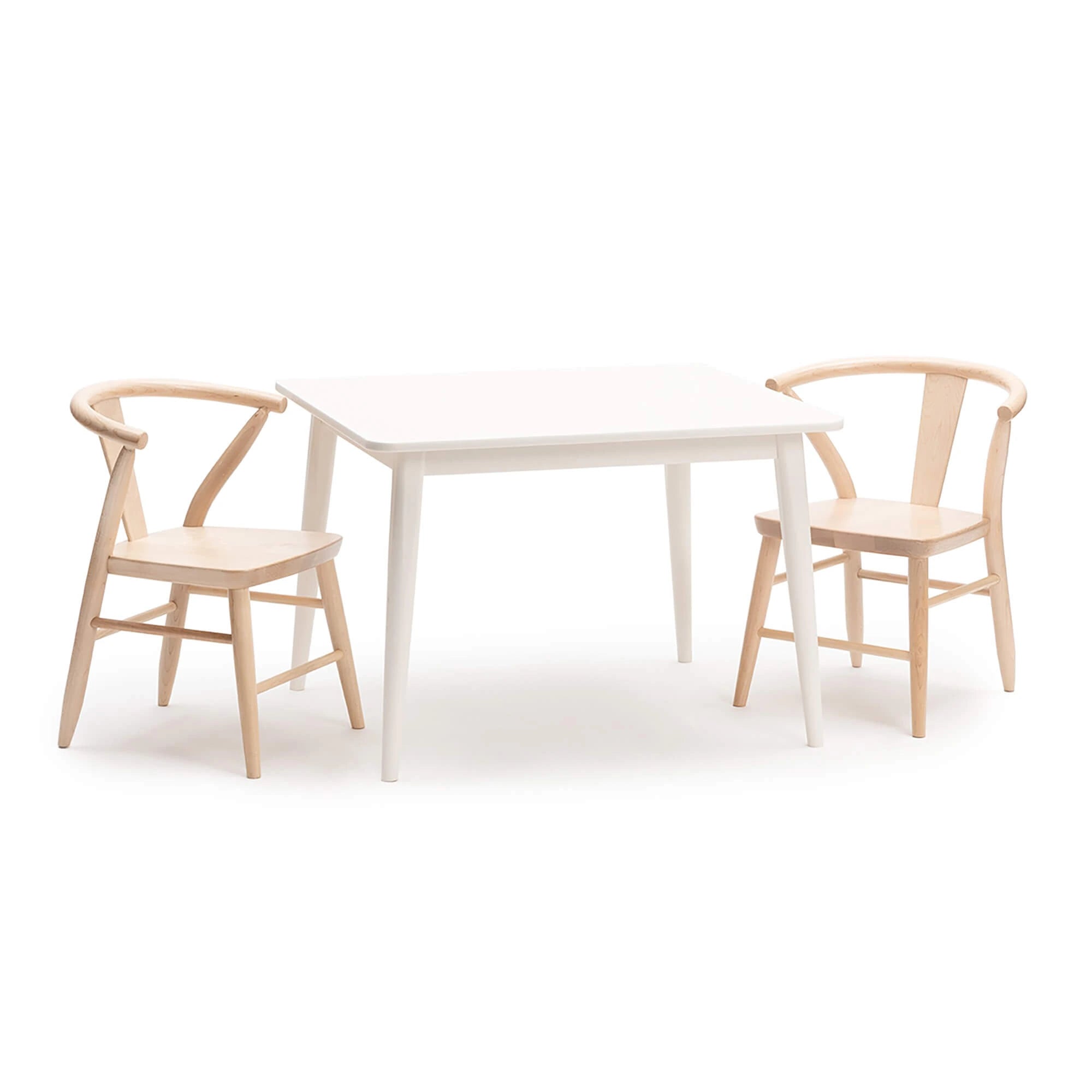 Milton & Goose's white crescent table paired with the natural maple crescent children's chairs.