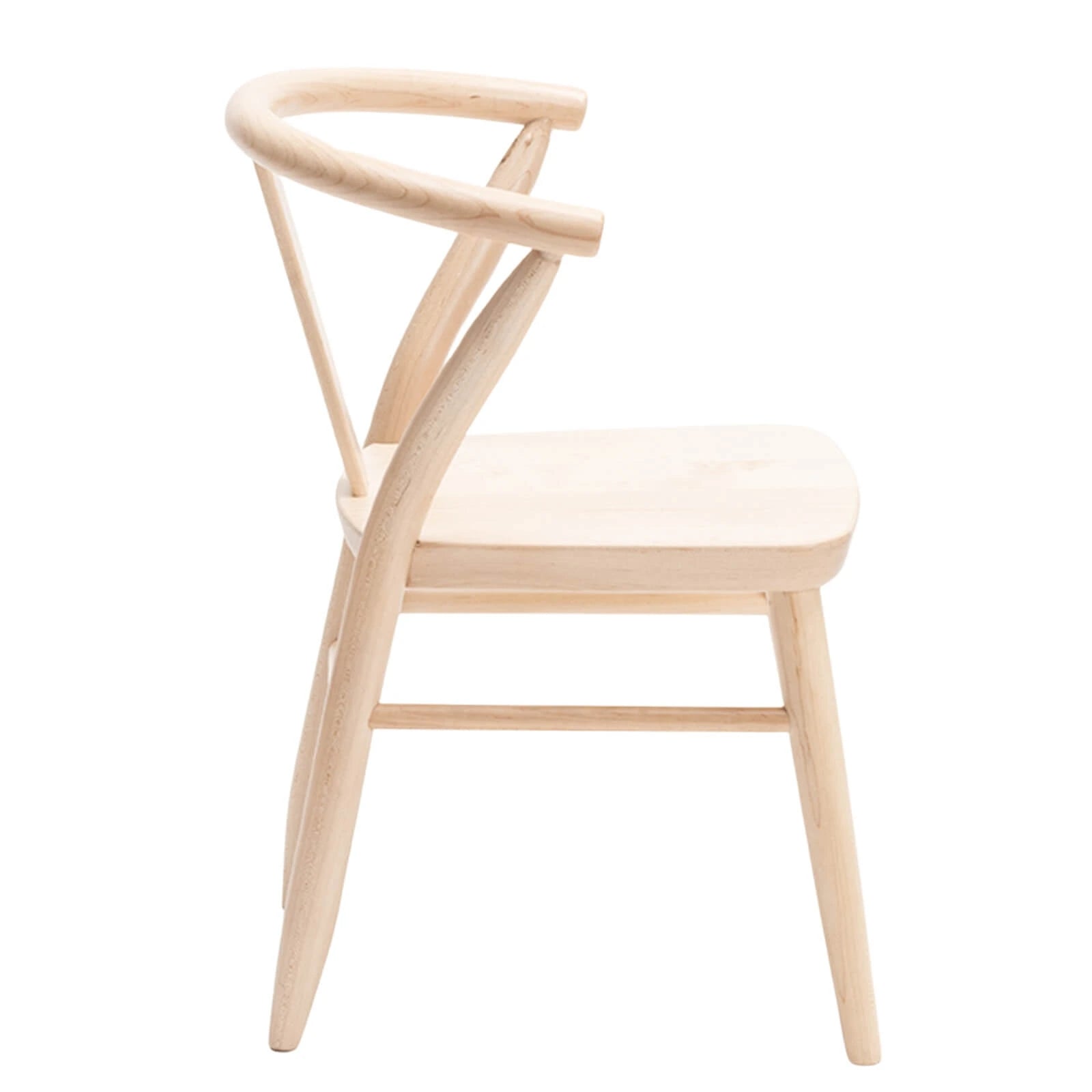 A single Milton & Goose natural kid's wood Crescent Chair is shown from the side. 