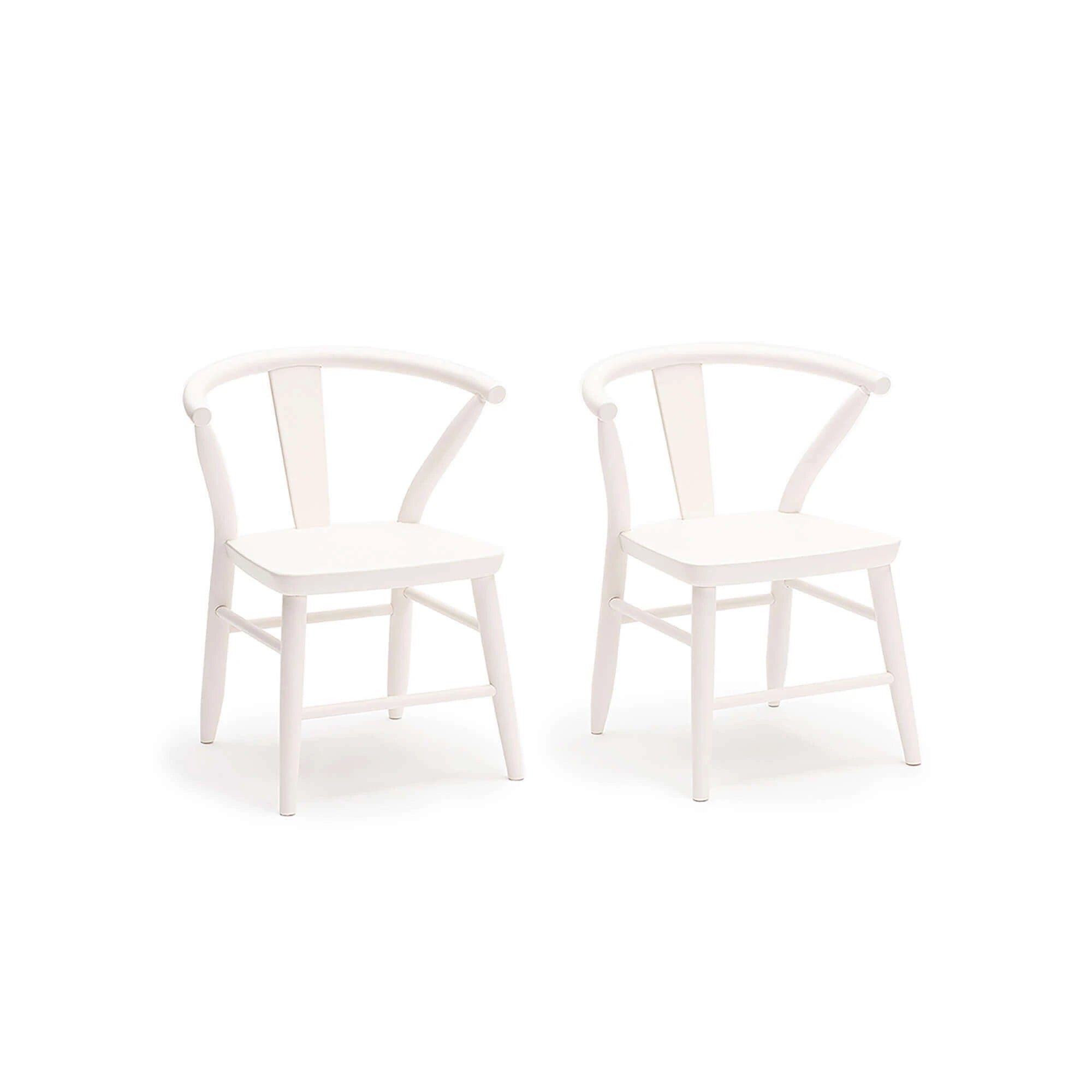 A set of 2 Milton and Goose's kid's crescent wood chairs in white.