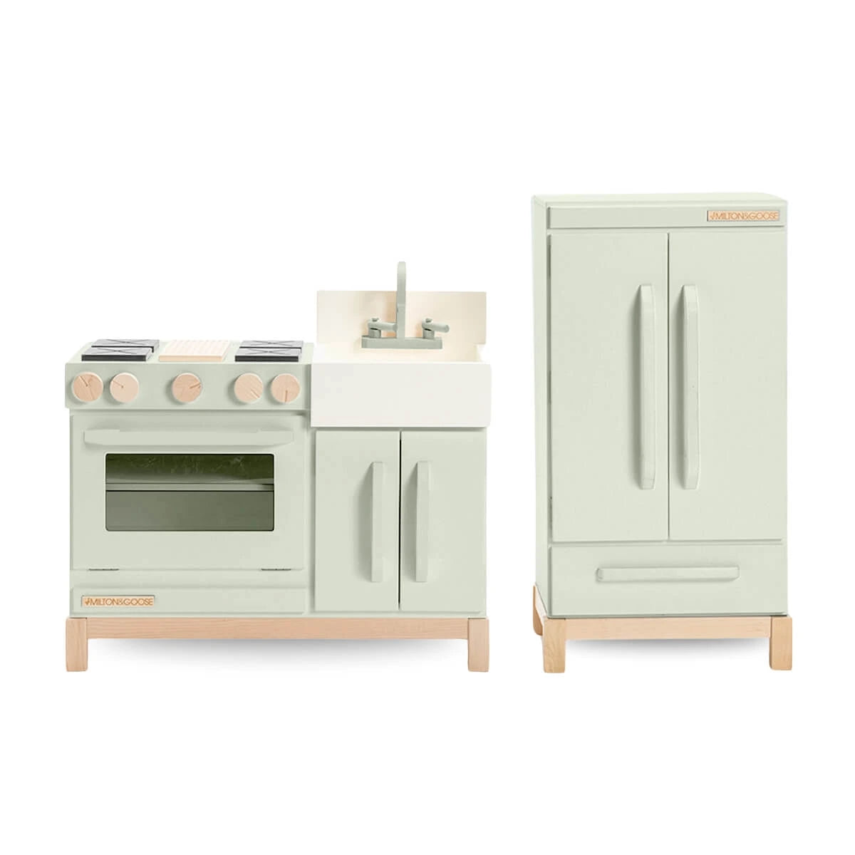 Milton & Goose Essential Play Kitchen and Refrigerator Set in Green – Eco-Friendly Wooden Toy Kitchen for Toddlers