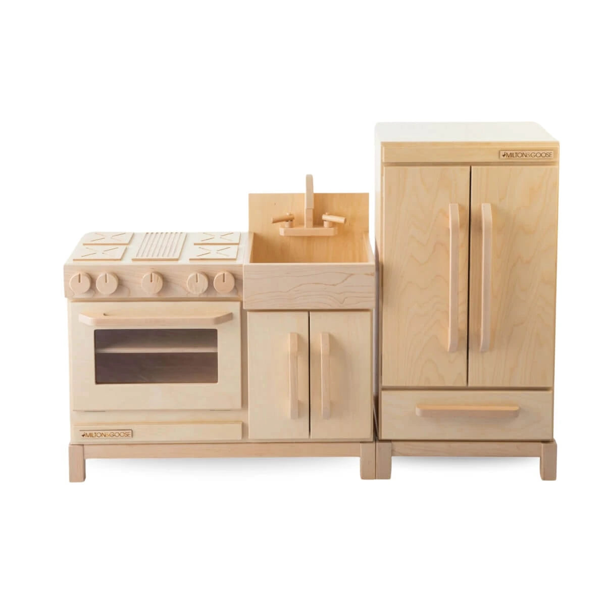 Milton & Goose Essential Play Kitchen and Refrigerator Set in Natural Wood – Heirloom-Quality Pretend Kitchen for Kids