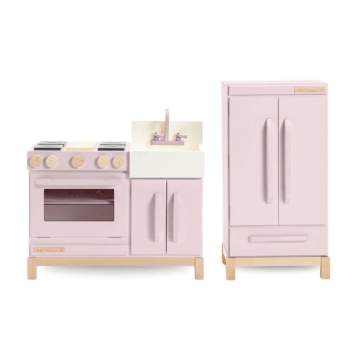 Milton & Goose Essential Play Kitchen and Refrigerator Set in Pink – Stylish Wooden Play Kitchen for Kids
